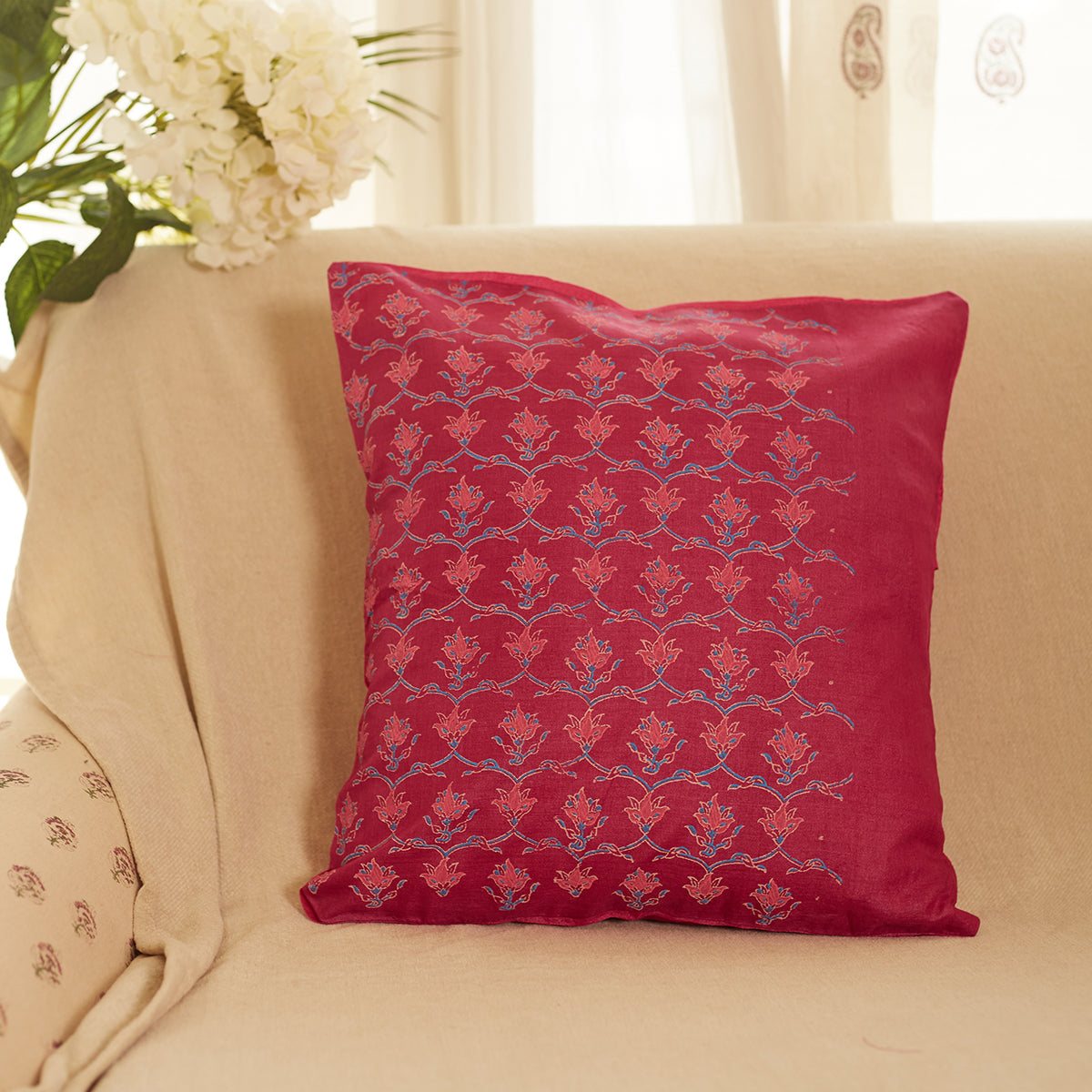 Cotton Cushion Cover | Mughal Jaal Printed | Magenta