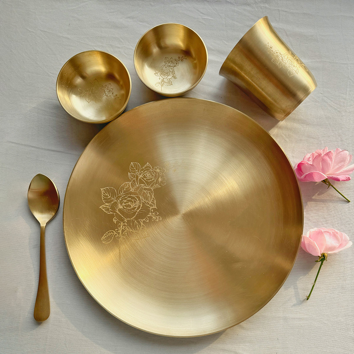 Bronze Dinner Set | Kansa Thali Set | Rose Design | Gold | 5 Pcs