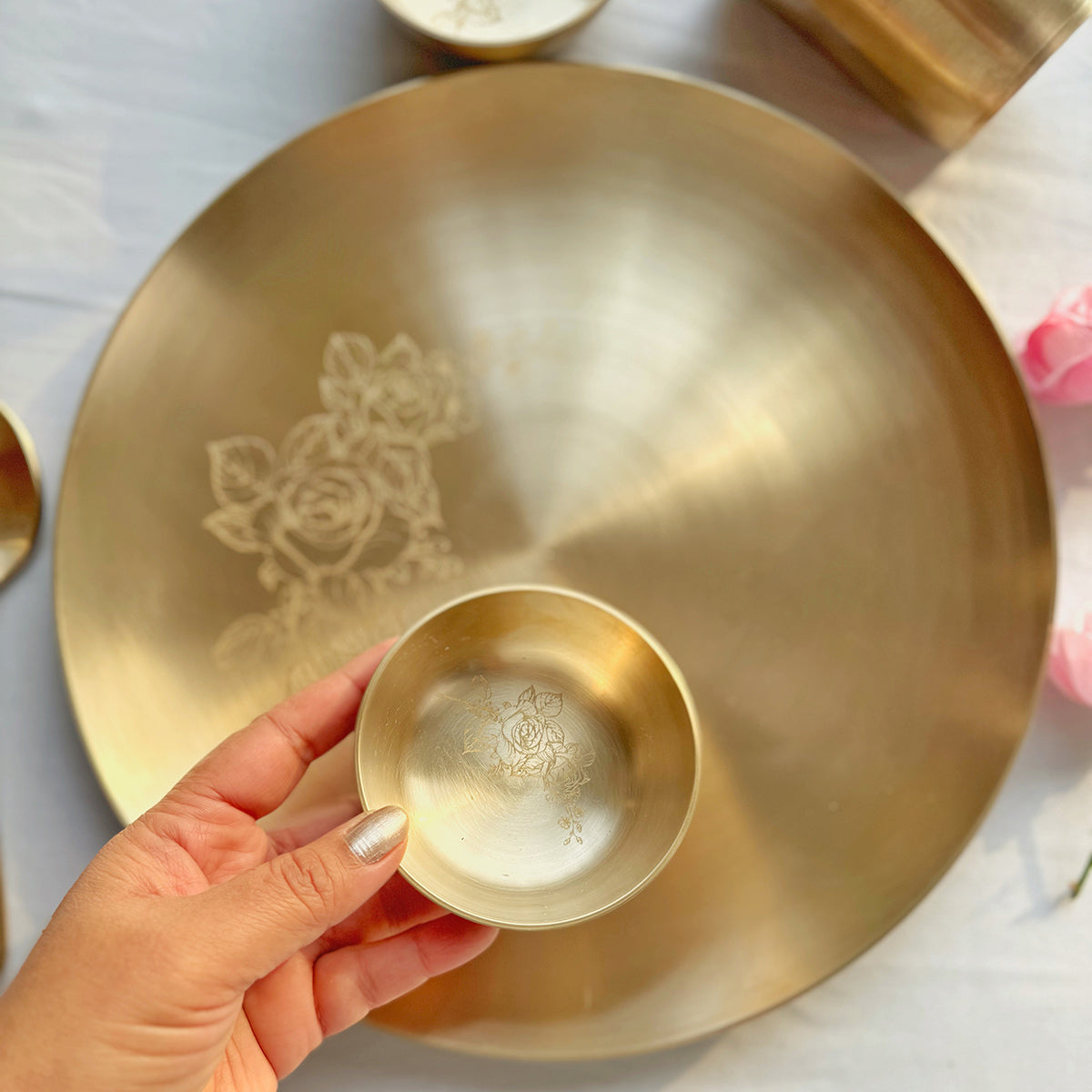 Bronze Dinner Set | Kansa Thali Set | Rose Design | Gold | 5 Pcs