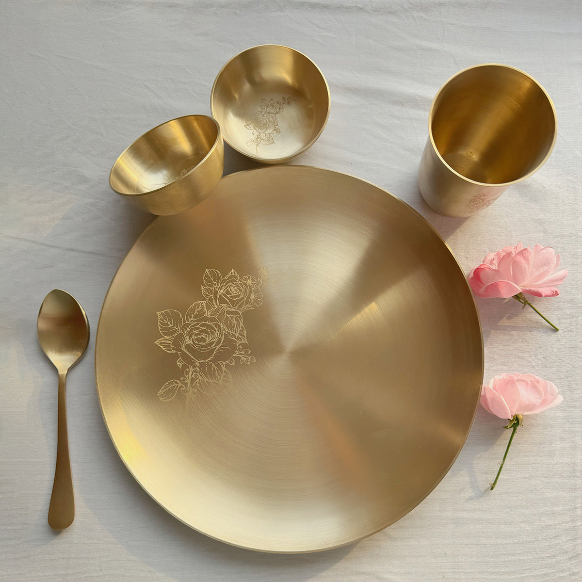 Bronze Dinner Set | Kansa Thali Set | Rose Design | Gold | 5 Pcs