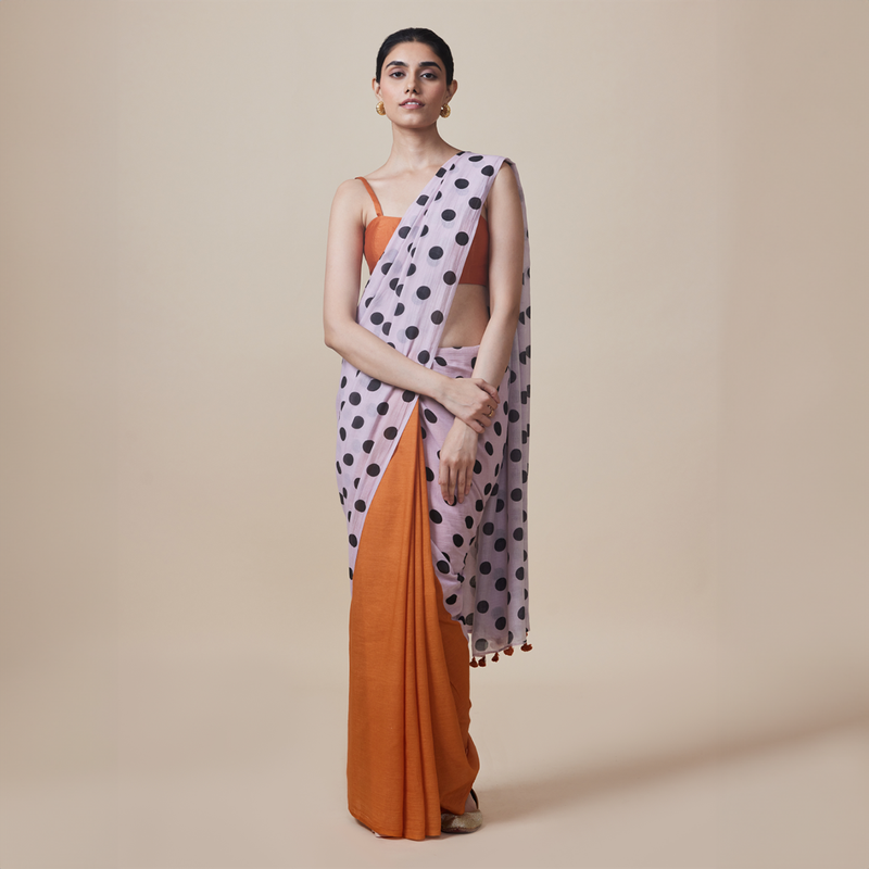 Cotton Solid Saree with Blouse | Polka Dots | Orange & Lilac