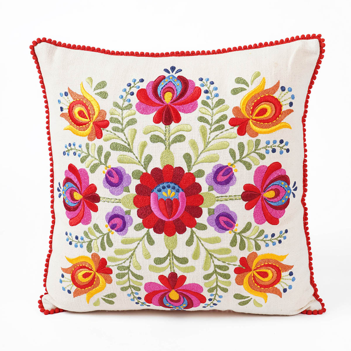 Cotton Cushion Cover | Matyo Embroidered | Red Micro Pompom Lace | Multicolour