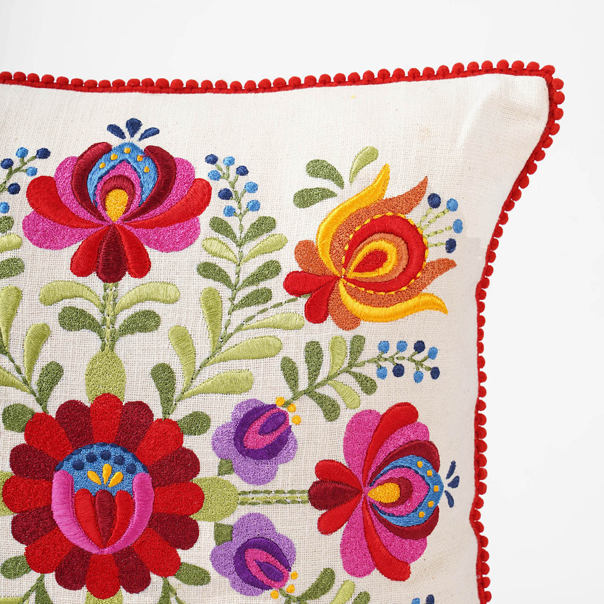 Cotton Cushion Cover | Matyo Embroidered | Red Micro Pompom Lace | Multicolour