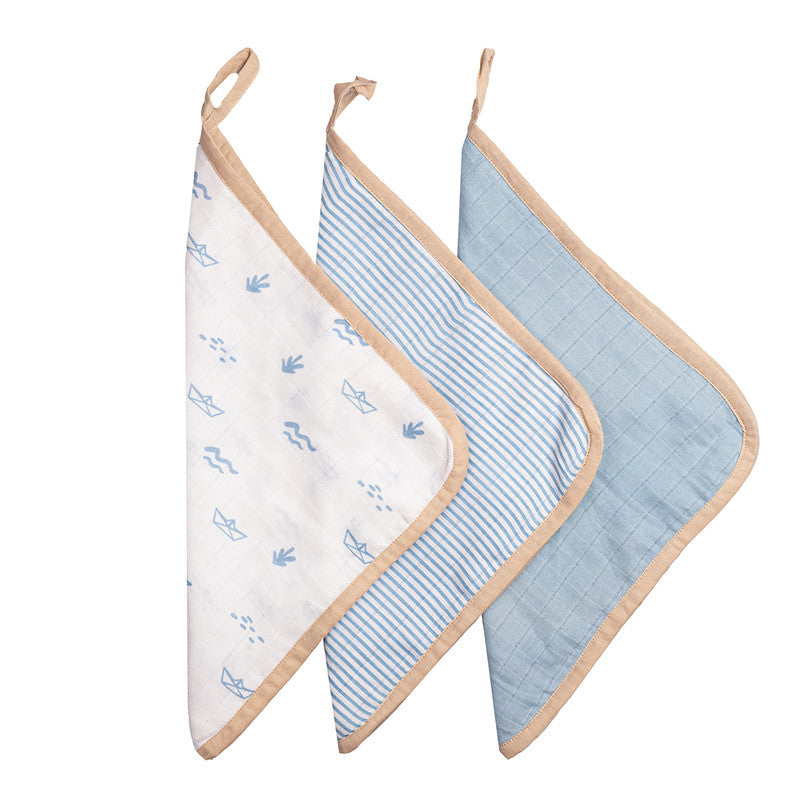 Organic Cotton Muslin Baby Wash Cloth | Printed Design | Baby Blue | Pack of 3