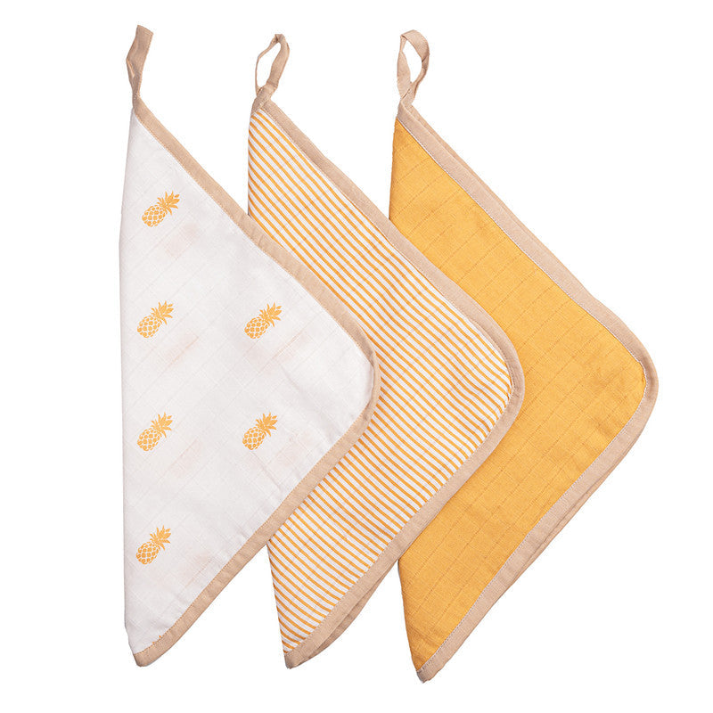 Organic Cotton Muslin Baby Wash Cloth | Printed Design | White | Pack of 3