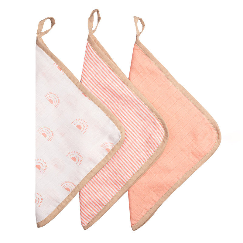 Organic Cotton Muslin Baby Wash Cloth | Printed Design | Baby Pink | Pack of 3