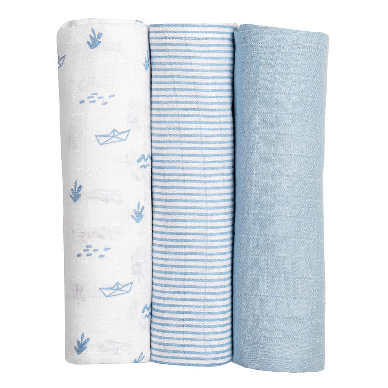 Organic Cotton Muslin Printed Baby Swaddle | Baby Blue | Set of 3