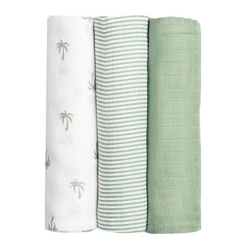 Organic Cotton Muslin Printed Baby Swaddle | Sage Green | Set of 3