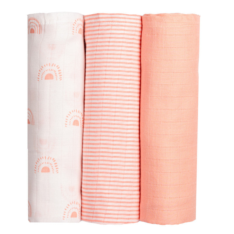 Organic Cotton Muslin Printed Baby Swaddle | Baby Pink | Set of 3