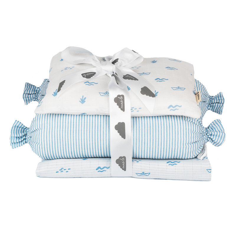 Organic Cotton Muslin Bedding Set For Kids | Pillow, Bolster & Blanket | Baby Blue