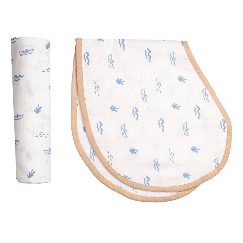 Organic Cotton Muslin Baby Bedding Set | Swaddle & Burp Cloth | Baby Blue