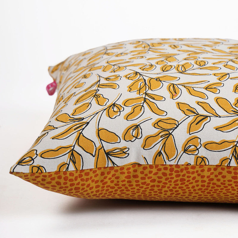 Cotton Cushion Cover | Modern Retro | Leaf Printed | Mustard Yellow