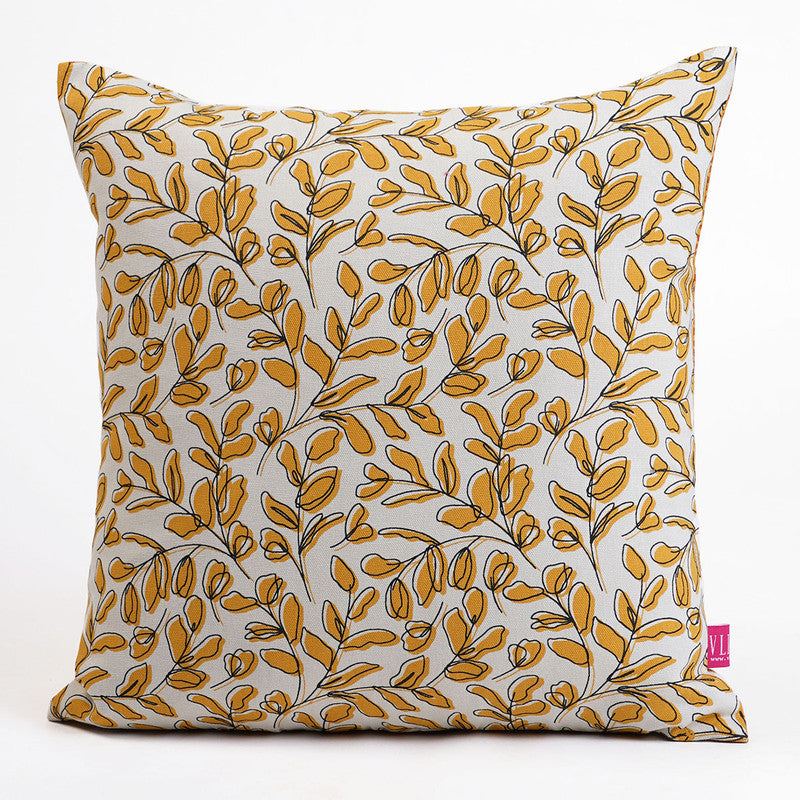 Cotton Cushion Cover | Modern Retro | Leaf Printed | Mustard Yellow