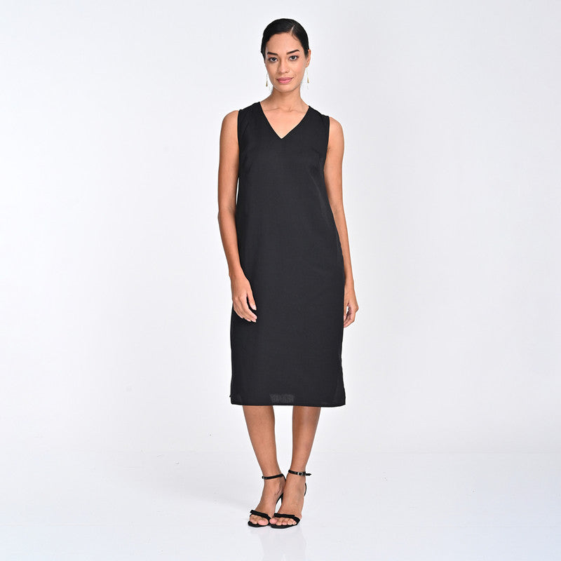 Tencel Dress For Women | V Neck | Sleeveless | Black