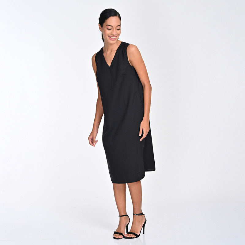 Tencel Dress For Women | V Neck | Sleeveless | Black