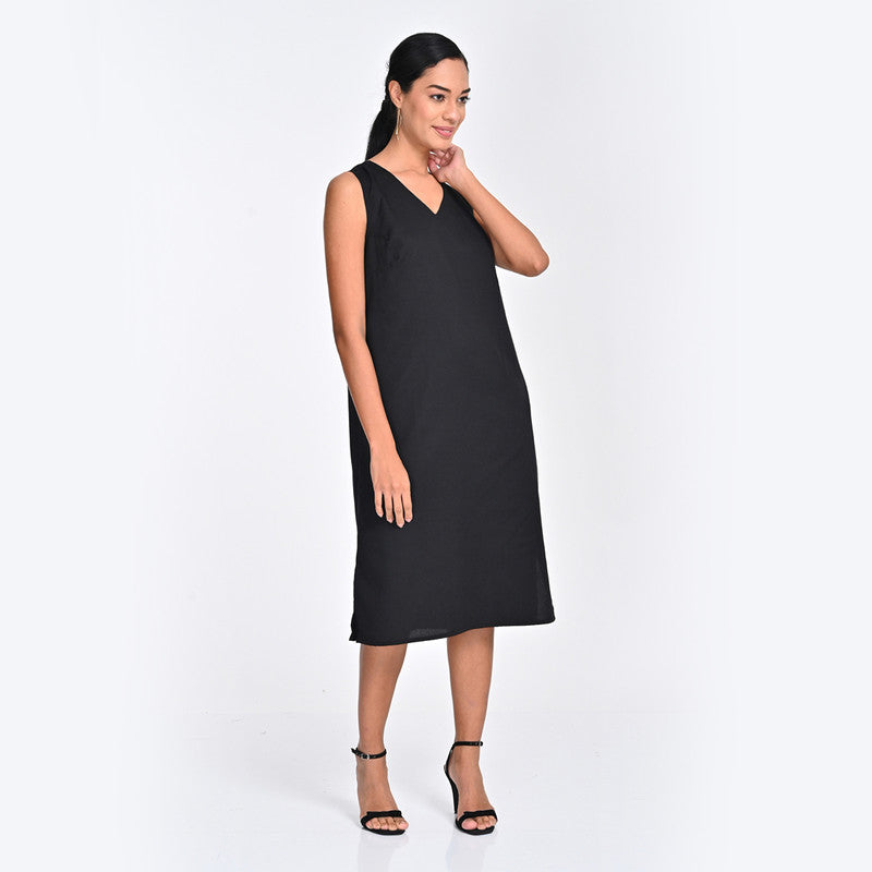 Tencel Dress For Women | V Neck | Sleeveless | Black