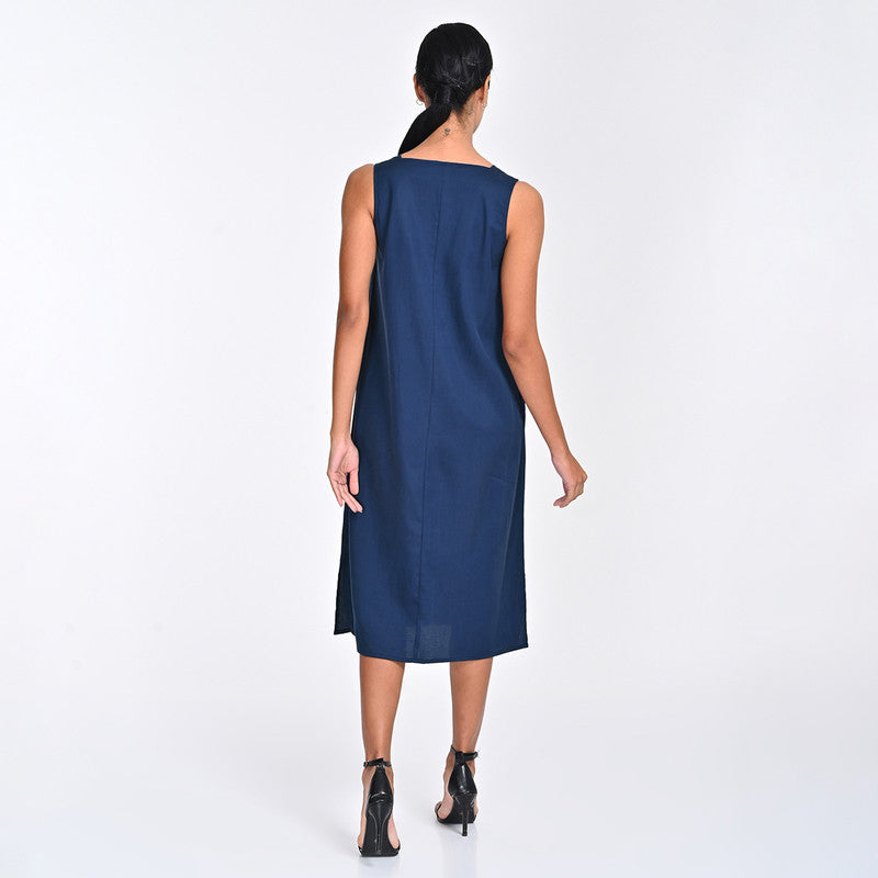 Tencel Dress For Women | Square Neck | Sleeveless | Navy Blue