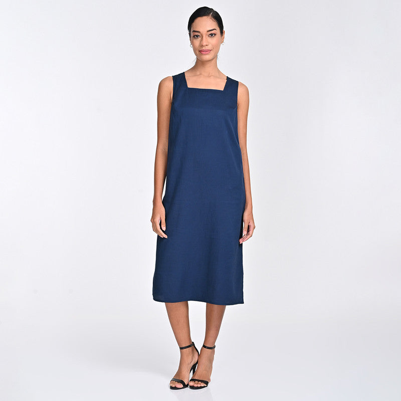 Tencel Dress For Women | Square Neck | Sleeveless | Navy Blue