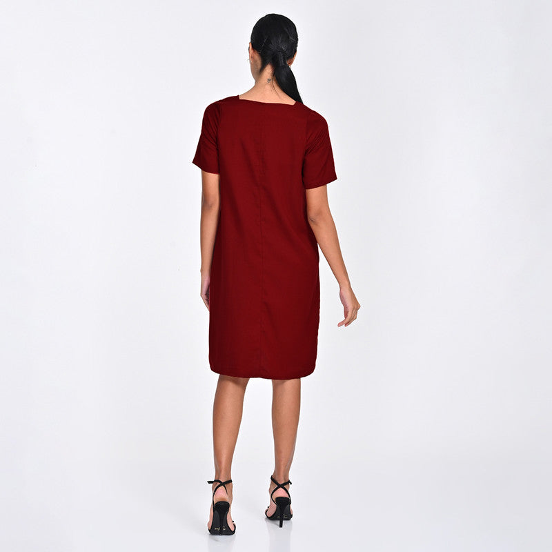 Tencel Dress For Women | Square Neck | Relaxed Fit | Maroon