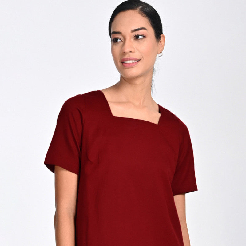 Tencel Dress For Women | Square Neck | Relaxed Fit | Maroon