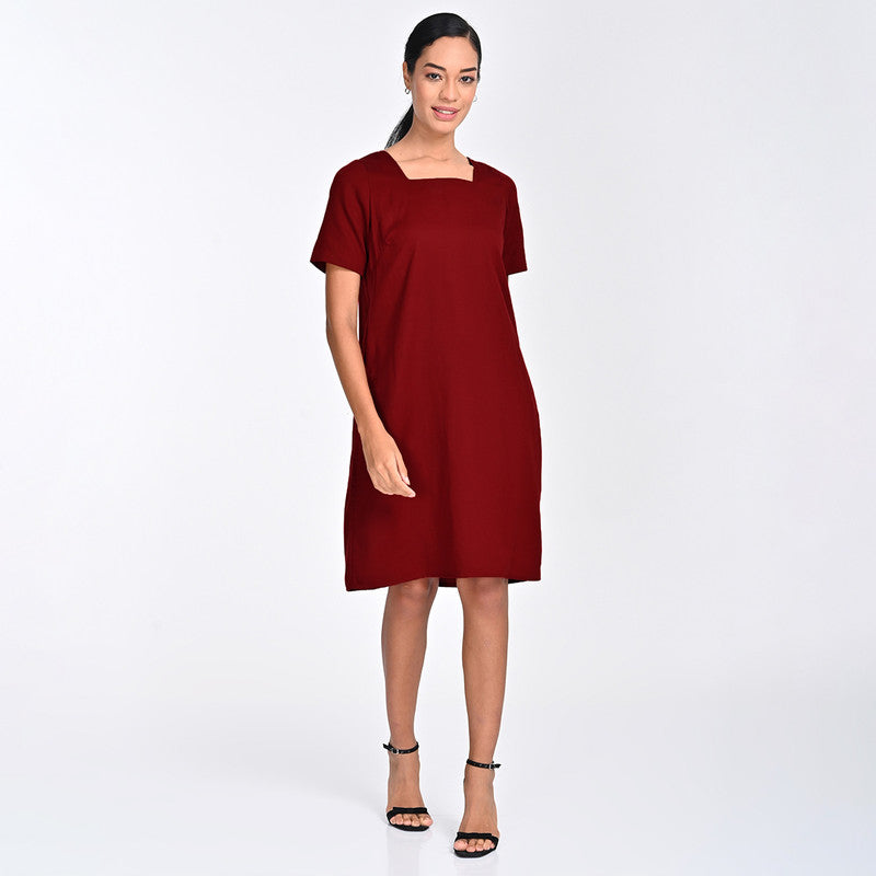 Tencel Dress For Women | Square Neck | Relaxed Fit | Maroon