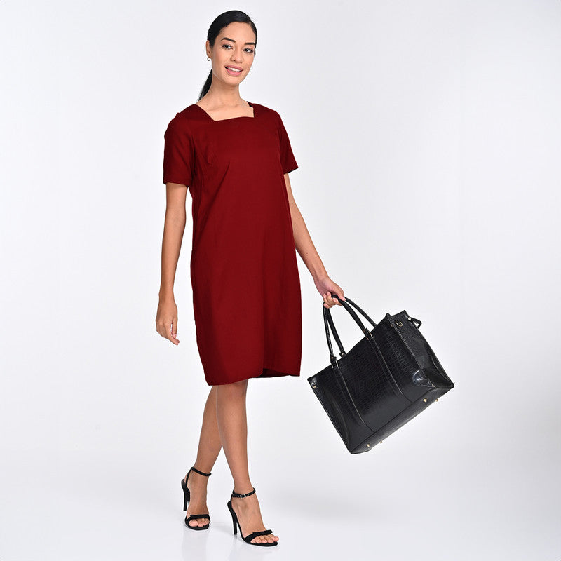 Tencel Dress For Women | Square Neck | Relaxed Fit | Maroon