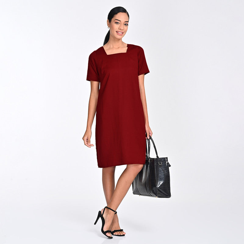 Tencel Dress For Women | Square Neck | Relaxed Fit | Maroon