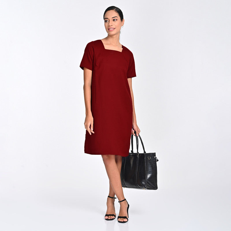 Tencel Dress For Women | Square Neck | Relaxed Fit | Maroon