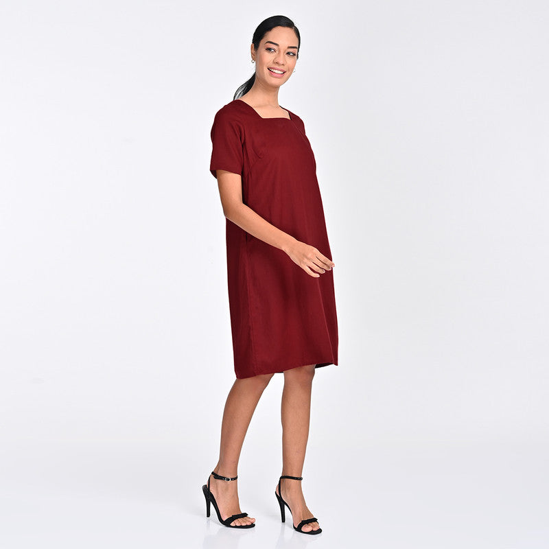 Tencel Dress For Women | Square Neck | Relaxed Fit | Maroon