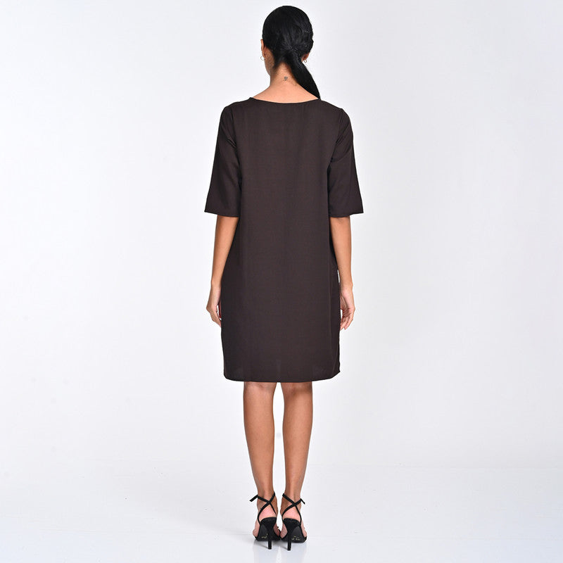 Tencel Dress For Women | Boat Neck | Straight Fit | Coffee Brown