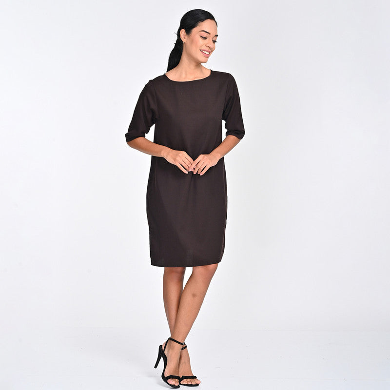 Tencel Dress For Women | Boat Neck | Straight Fit | Coffee Brown