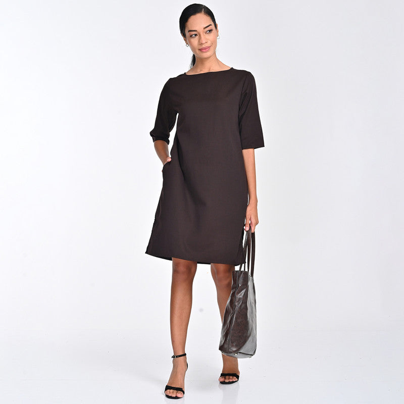 Tencel Dress For Women | Boat Neck | Straight Fit | Coffee Brown