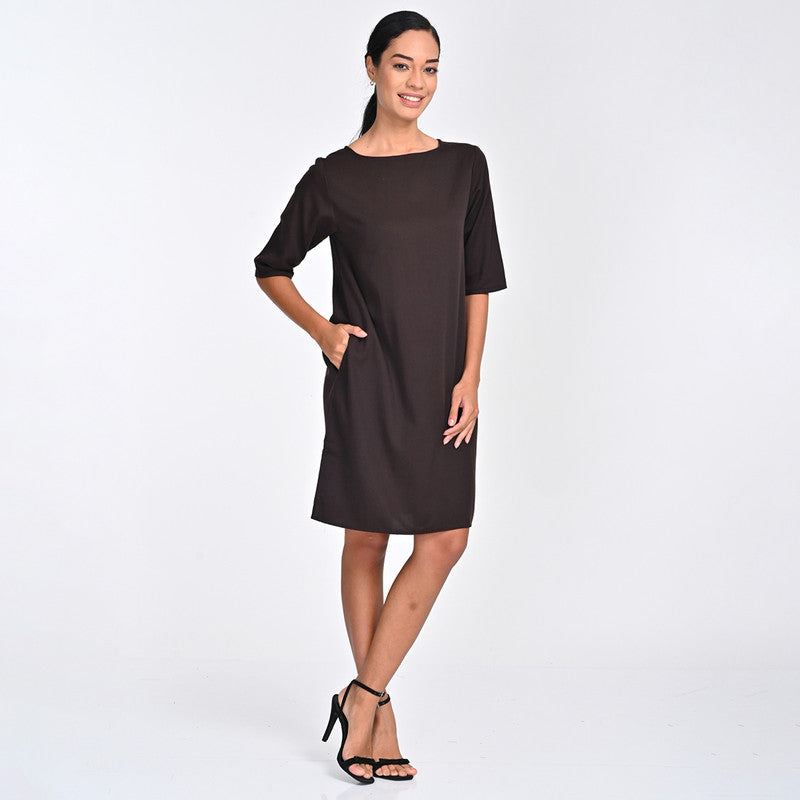 Tencel Dress For Women | Boat Neck | Straight Fit | Coffee Brown