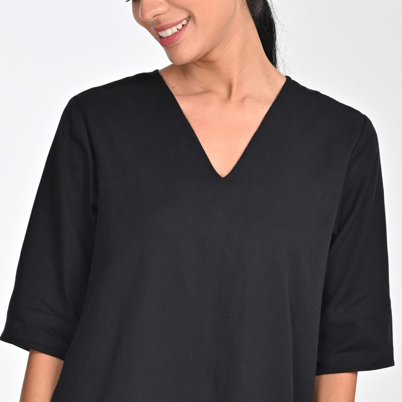 Tencel Dress For Women | V Neck | Knee Length | Black