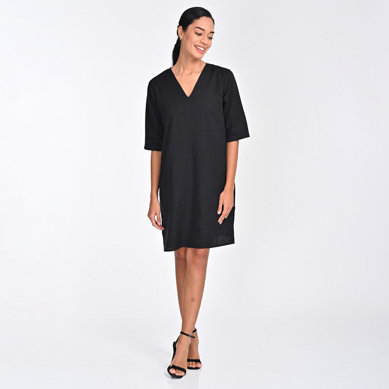 Tencel Dress For Women | V Neck | Knee Length | Black