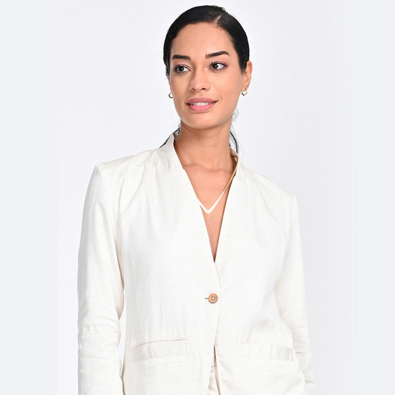 Tencel Co Ord Set For Women | Blazer & Pant | V Neck | Off White