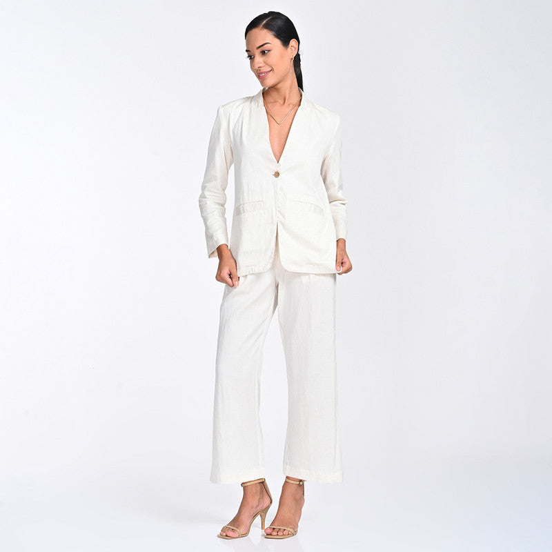 Tencel Co Ord Set For Women | Blazer & Pant | V Neck | Off White