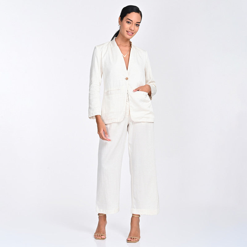 Tencel Co Ord Set For Women | Blazer & Pant | V Neck | Off White