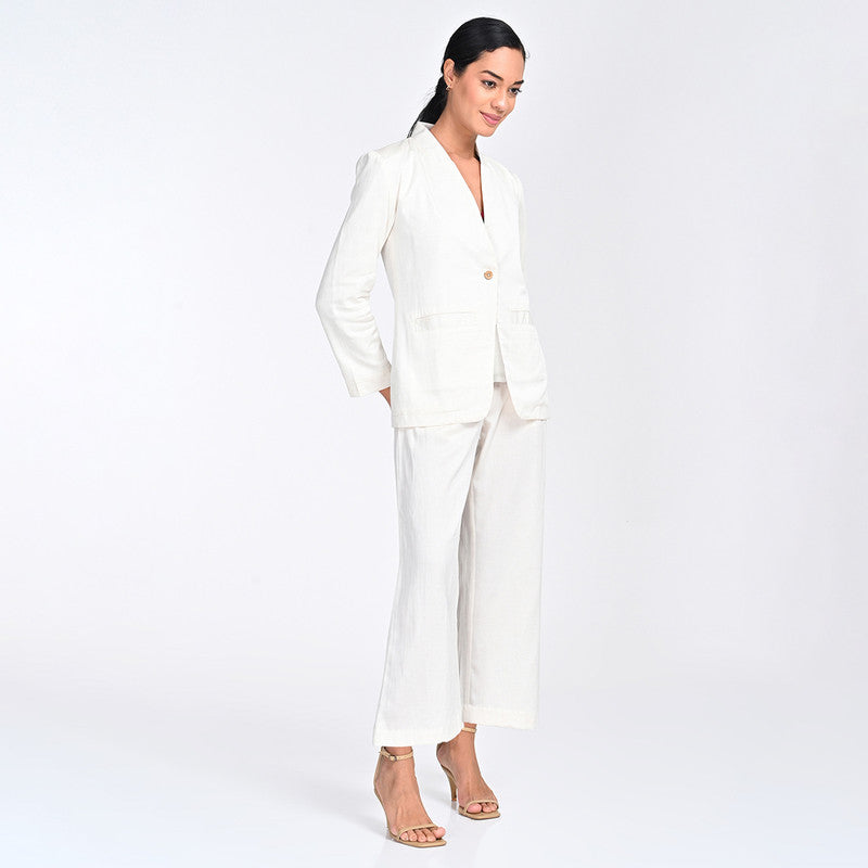 Tencel Co Ord Set For Women | Blazer & Pant | V Neck | Off White