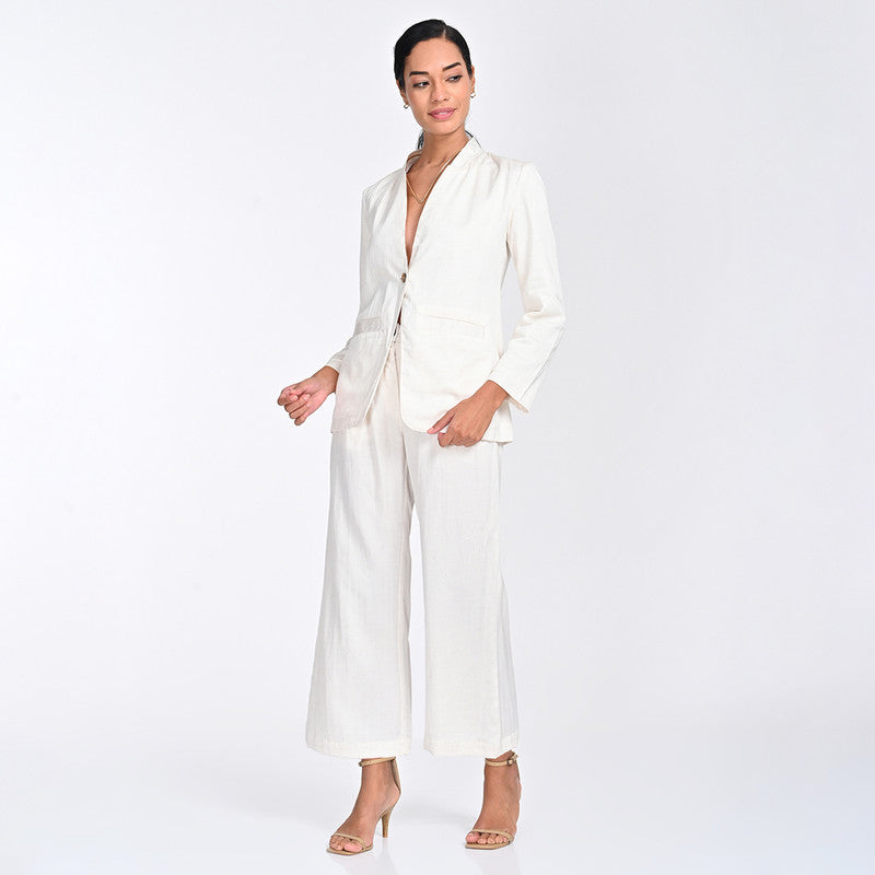 Tencel Co Ord Set For Women | Blazer & Pant | V Neck | Off White