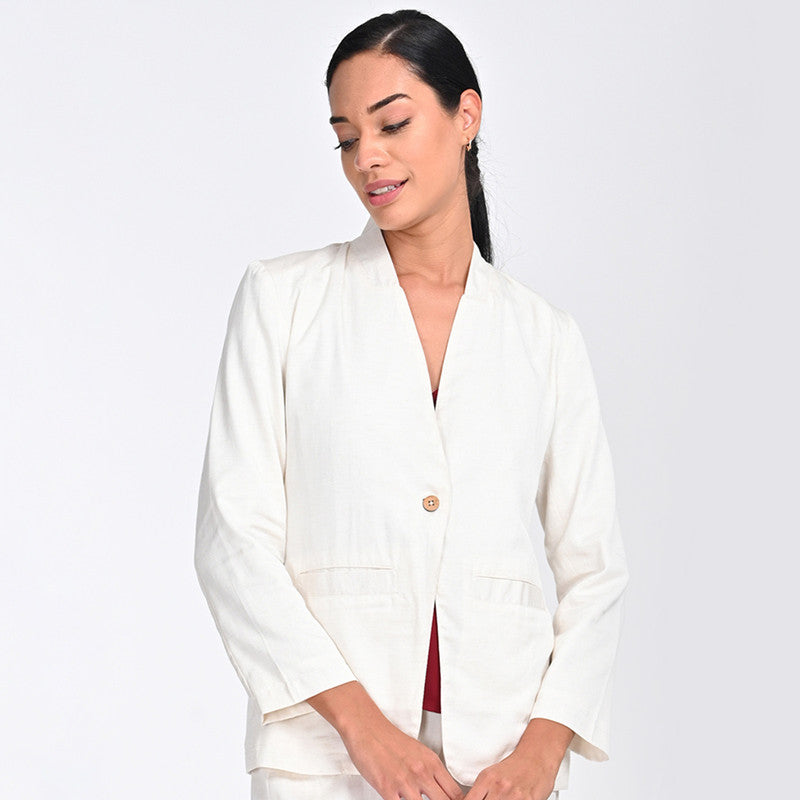 Tencel Co Ord Set For Women | Blazer, Top & Pant | V Neck | Cream & Maroon