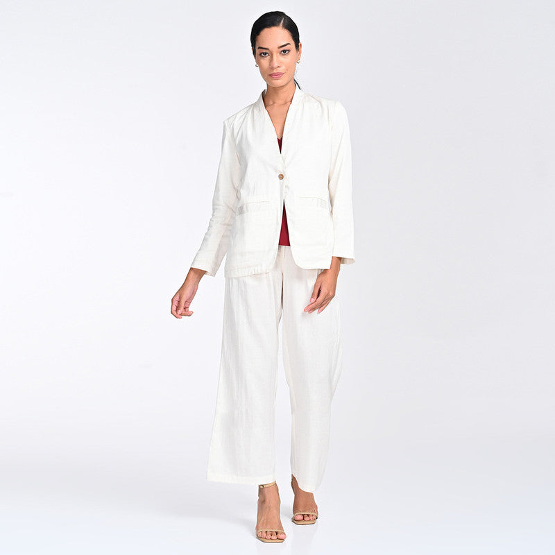 Tencel Co Ord Set For Women | Blazer, Top & Pant | V Neck | Cream & Maroon