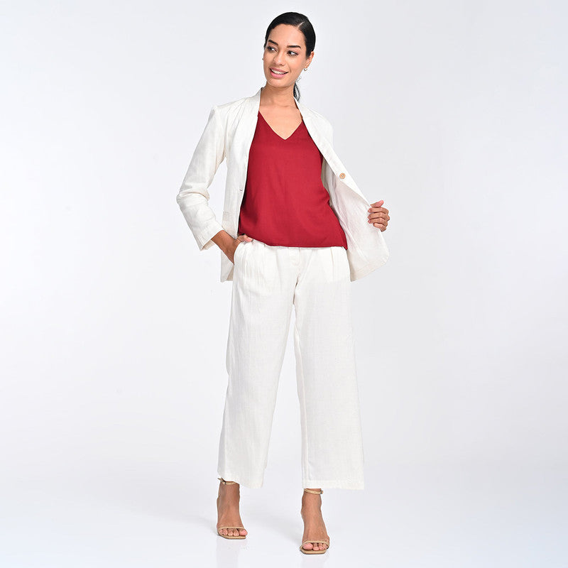 Tencel Co Ord Set For Women | Blazer, Top & Pant | V Neck | Cream & Maroon