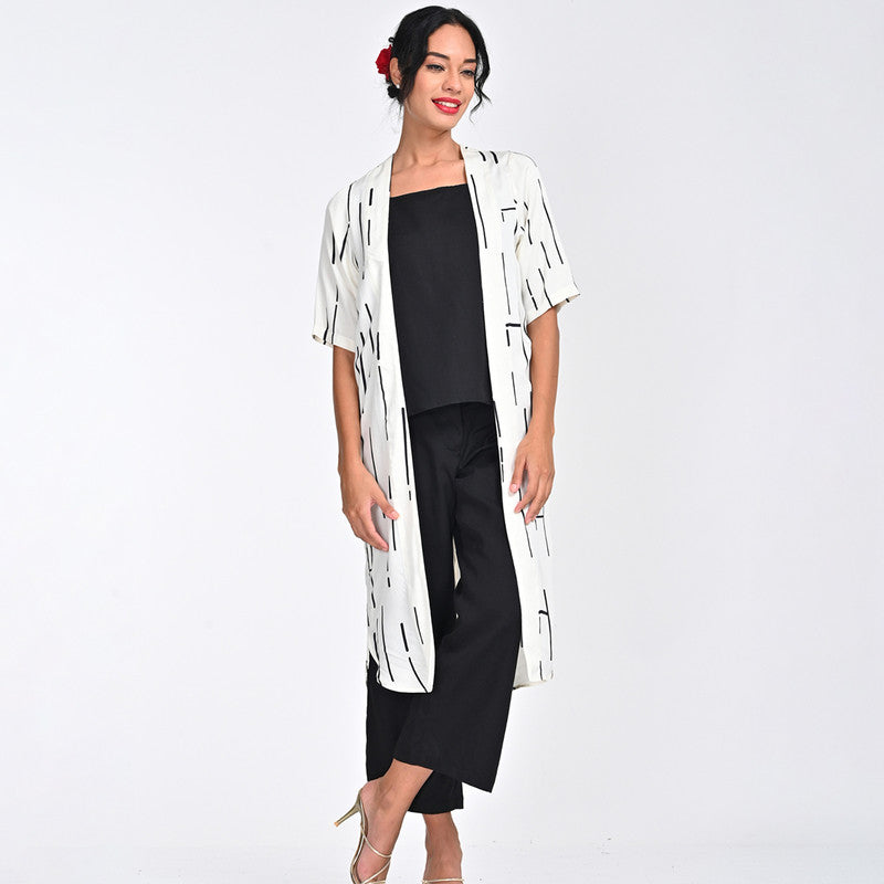 Tencel Printed Co Ord Set For Women | Overlay, Top & Pant | Square Neck | Cream & Black