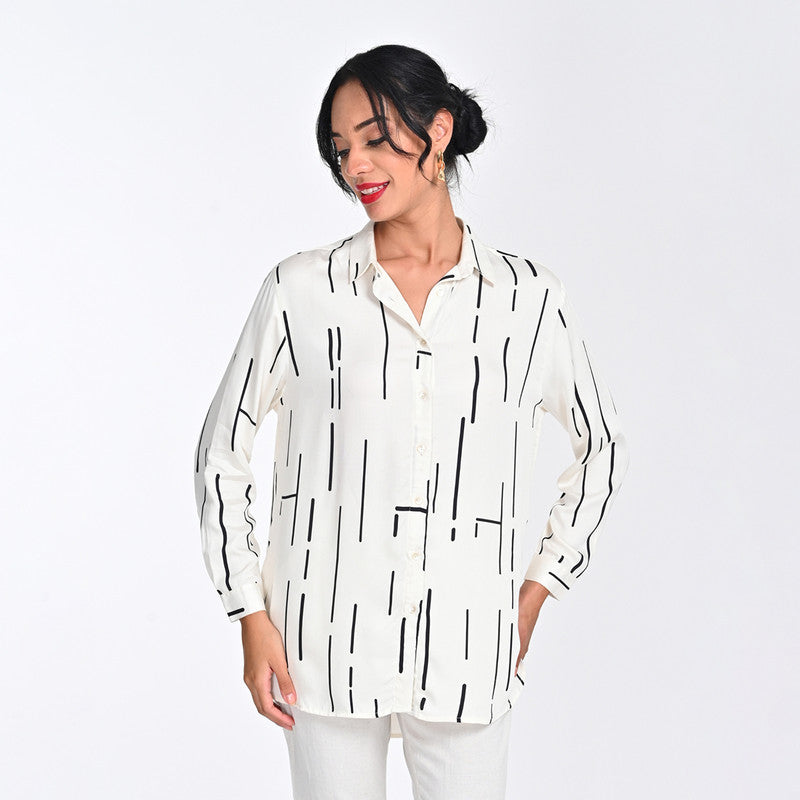 Tencel Printed Co Ord Set For Women | Shirt & Pant | Full Sleeves | Off White