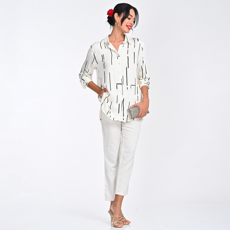 Tencel Printed Co Ord Set For Women | Shirt & Pant | Full Sleeves | Off White