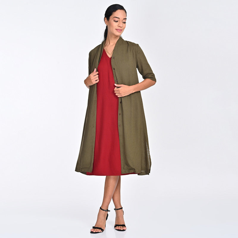 Tencel Co Ord Set For Women | Shirt & Dress | Draped Neck | Maroon & Olive