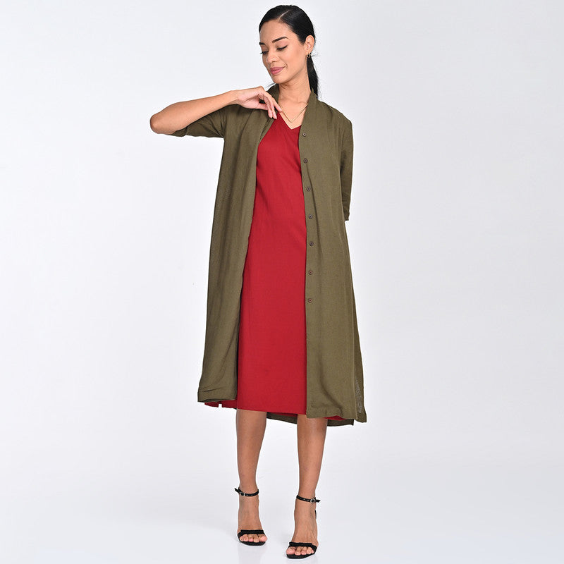 Tencel Co Ord Set For Women | Shirt & Dress | Draped Neck | Maroon & Olive