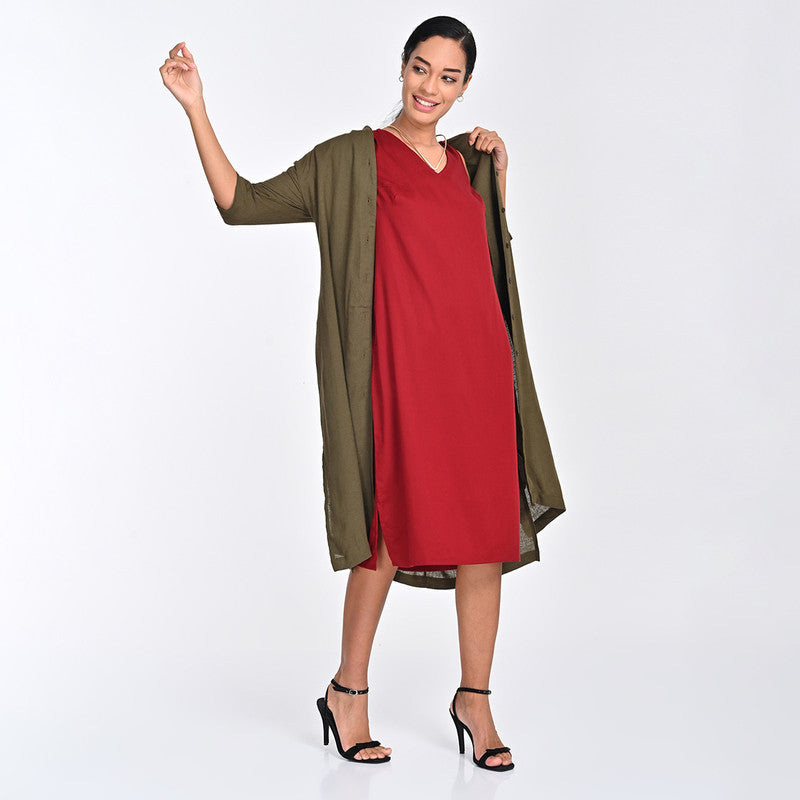 Tencel Co Ord Set For Women | Shirt & Dress | Draped Neck | Maroon & Olive