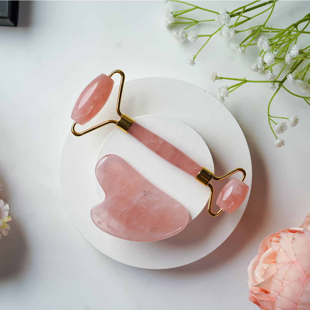 Zen Crystals Natural Rose Quartz Roller and Gua Sha COMBO